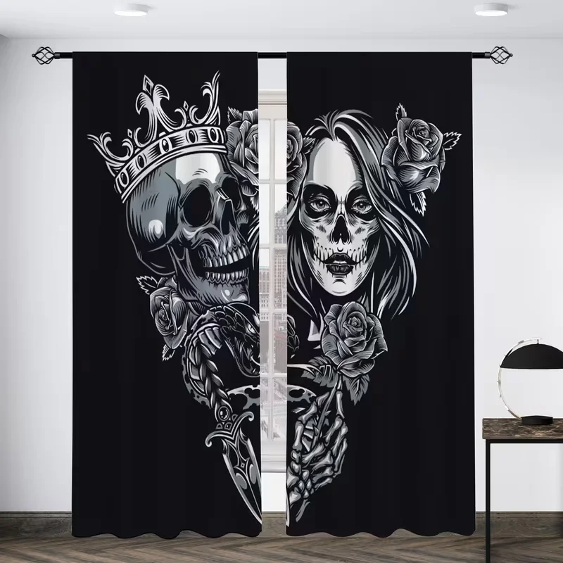 2pcs, Beauty Crown Skull Head Snake Rose Printed Translucent Curtains, Multi-scene Polyester Rod Pocket Decorative Curtains