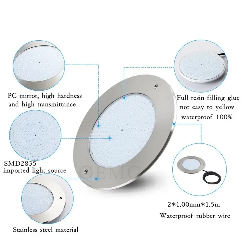 

IP68 Светильник для бассейна Ультратонкий легкий корпус из нержавеющей стали 304, AC12V, теплый свет/белый свет/RGB с дистанционным управлением Наружное освещение