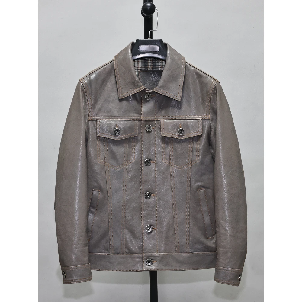 

First Layer Real Sheep Leather Jacket For Men And Women Casual Silm Lapel Pockets Single Breasted Denim Color Jacket Plus Size