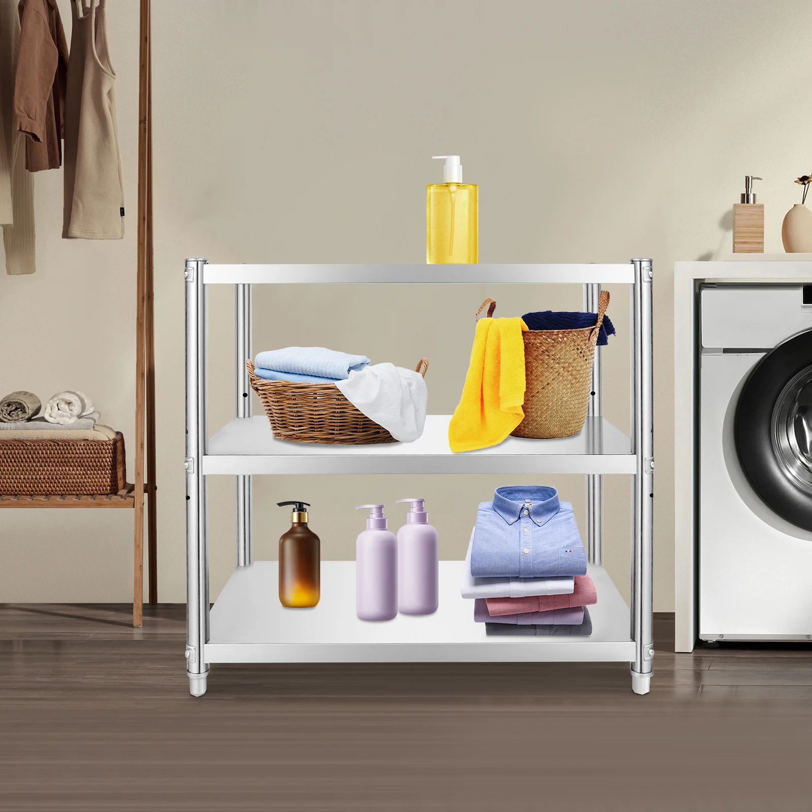 

3-Tier 201 Stainless Steel Storage Shelf 80×80×40cm Adjustable Layer Height Heavy Duty Free Standing Organizer Rack Waterproof Rustproof Smooth Edge for Kitchen Bathroom Garage Office Home Storage