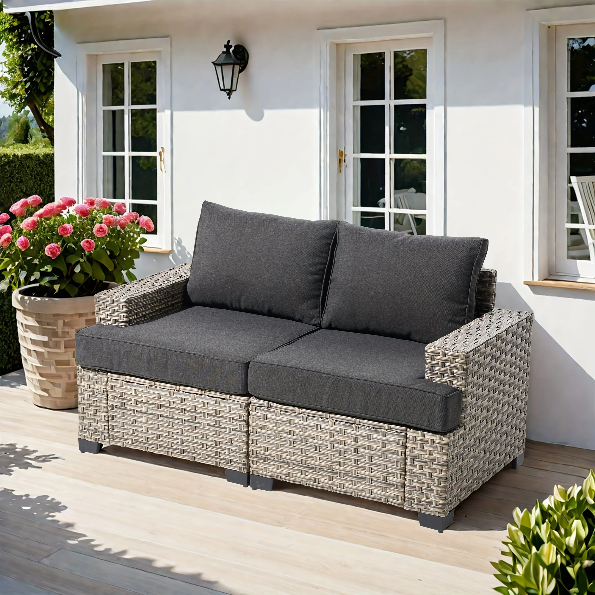 Set di mobili da giardino per esterni in vimini meteorologico, rattan intrecciato a mano dal design modulare, tavolino da caffè e pouf con illuminazione per divano componibile