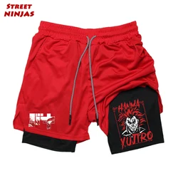 Anime Baki Yujiro 2 in 1 Kompression shorts für Männer sportliche Leistung Turnhose mit Handy tasche schnell trocknen Workout Fitness