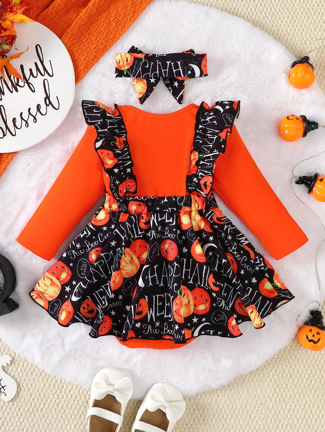 0-18 Months Autumn Infant Baby Girl Clothing 2PCS Halloween Outfit Toddler Long Sleeve Ruffle Pumpkin Print Dress With Headband