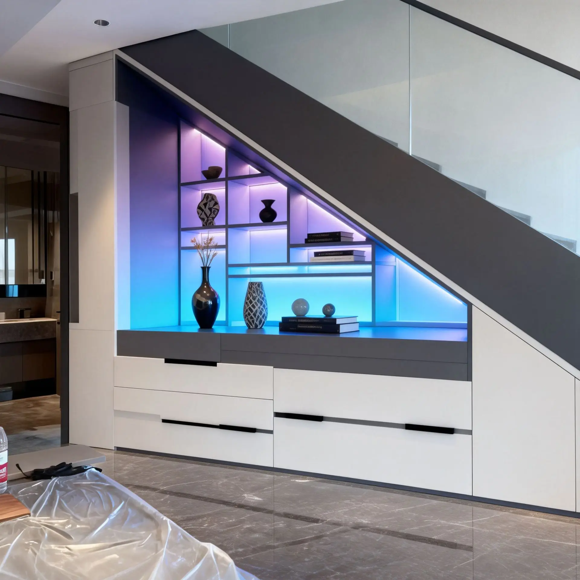 ^Loft-style Mezzanine Staircase Cabinet Modern Space-Saving Light-Luxury Multi-Functional Wood Living Room Storage Unit