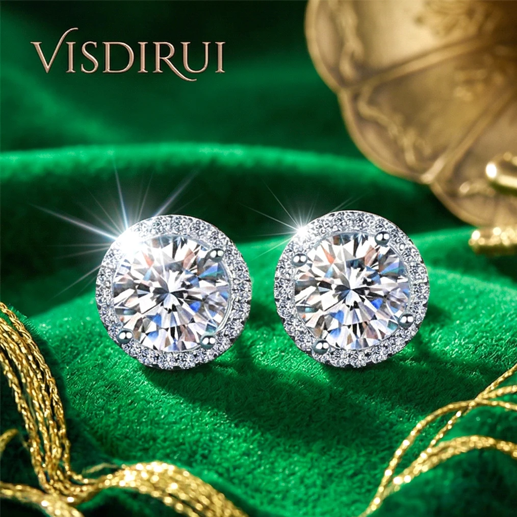 

VISDIRUI D Color Moissanite Stud Earrings S925 Silver 0.5ct 1ct 2ct Round Cut Hypoallergenic Jewelry Engagement Gift Women