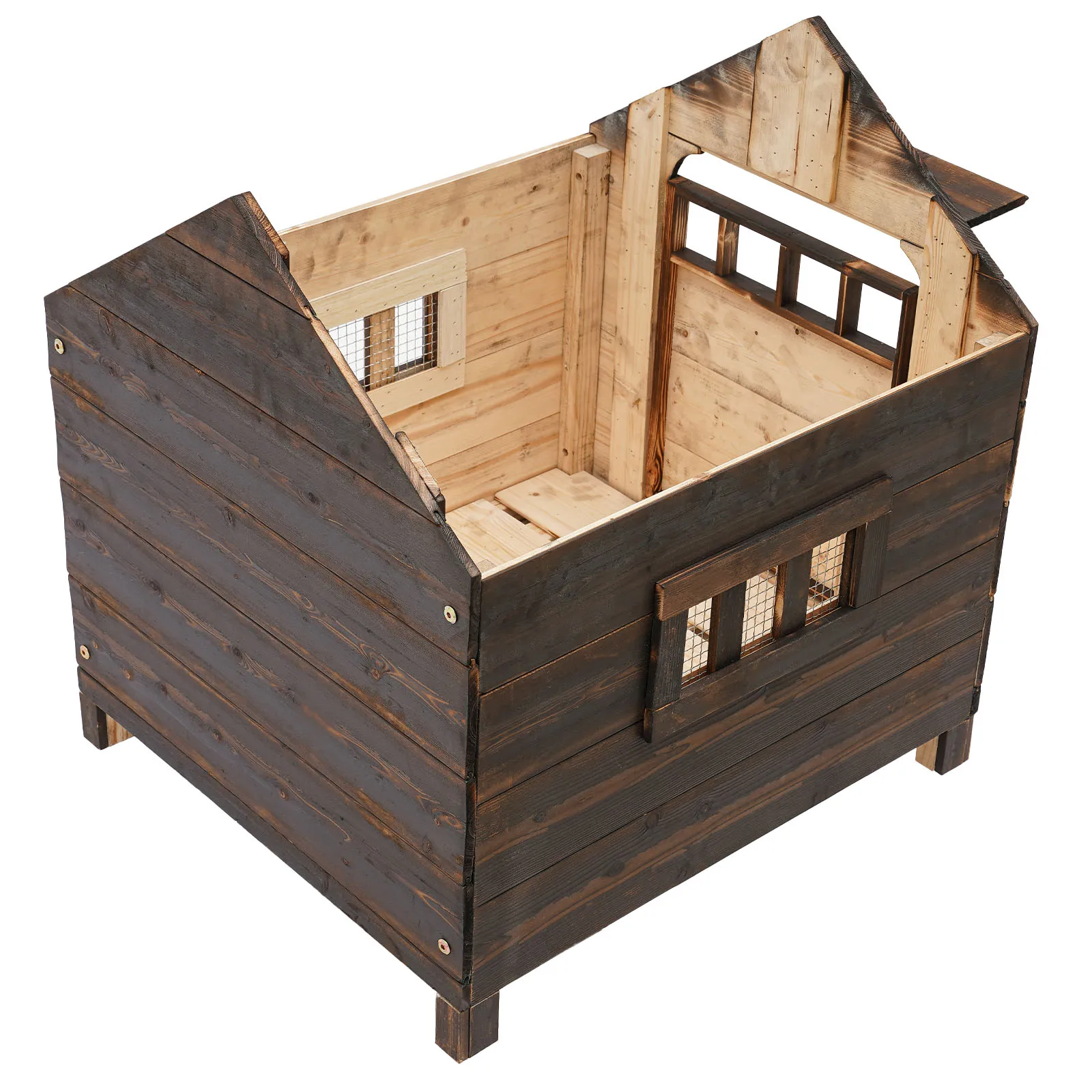 بيت الكلب الداخلي والخارجي مقاس M (بني)، يناسب 22 رطلًا/22 بوصة للكلاب (تيدي/بيشون)، سقف منحدر وجزء سفلي مرفوع مقاوم للمطر