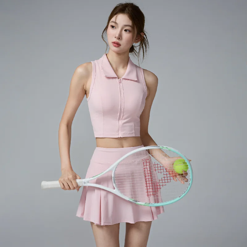 Summer Badminton 2-Piece Outfit, Front Zipper Sleeveless Sports Tank Top & Slim Skort, Fitness Yoga Workout Suit