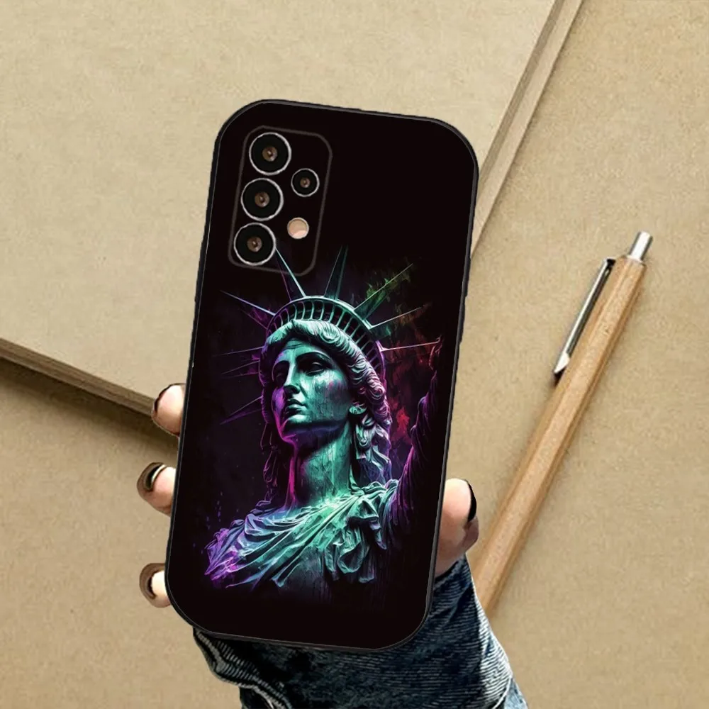 America Statue of Liberty Phone Case For Samsung S24,23,23,22,30,21,10,9,Note20 Ultra,Lite,Ultra,5G,Plus,FE,Black Soft Case