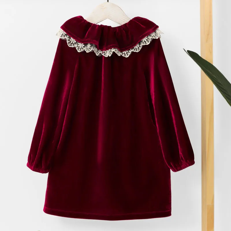 Teen Velvet Dress 2024 Autumn Winter New Teen Girls Ruffles Collar Sweet Red Blue Purple Clothing Baby Kids Cute Dresses Party