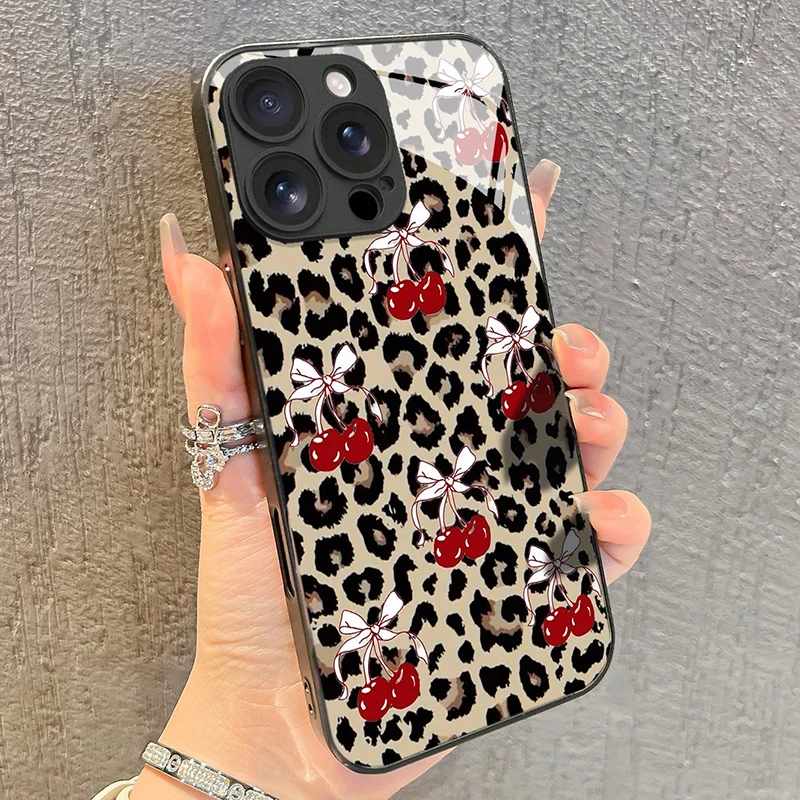 

Leopard Print Bow Cherry Pattern Tempered Glass Phone Case For iPhone 17 16 Pro Max 15 14 13 12 11 Pro 16E 7 Plus XR XS X Cover
