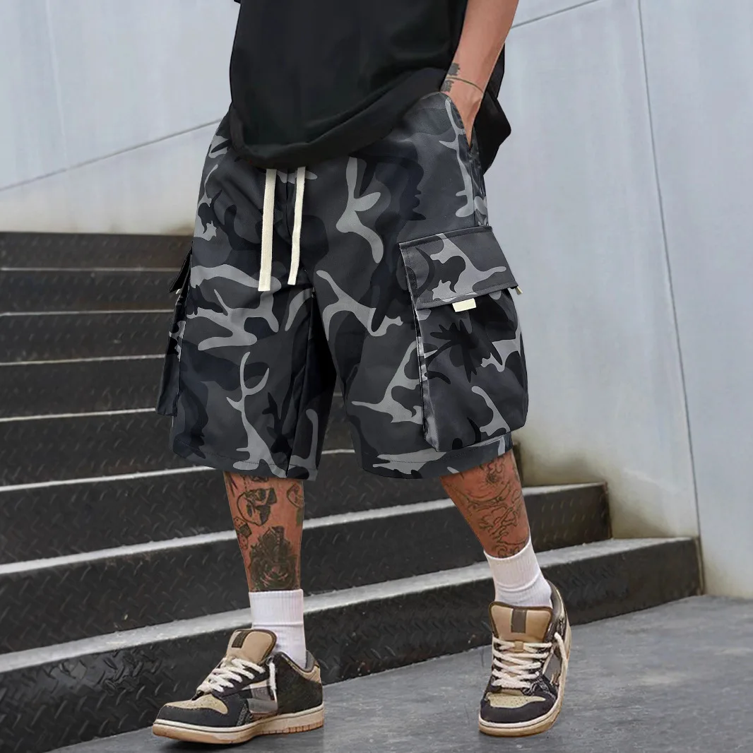 

European American Summer New Fashion Men's Casual Trendy Camouflage Simple Basic Daily Loose Knee Length Shorts Male Clothes