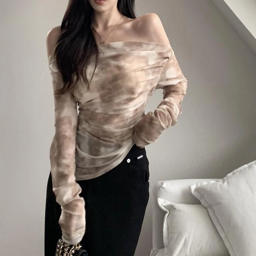 

Casual Spring Autumn Wear Retro One Shoulder T-shirt Spring And Autumn Style Khaki And Purple Colors For Daily Outing