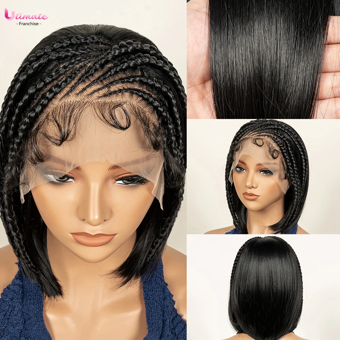 Straight Synthetic Hair Wigs with Baby Cornrow Braided Braids Hair Wig Transparent 13x4 Lace Frontal 16in Hair Fits Black Women