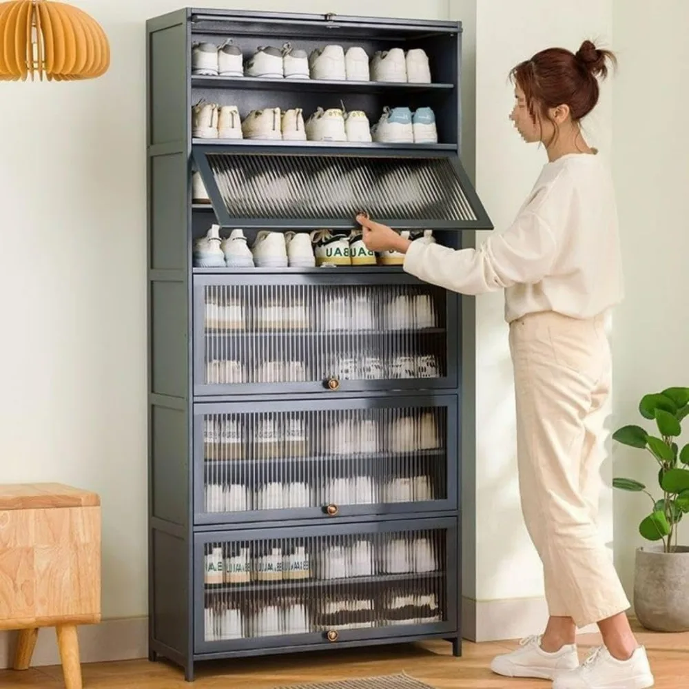 10 Tiers Tall Shoe Cabinet with Removable Shelf, Storage Rack with Flip Doors Floor Shoe Shelf with Large Shoe Storage