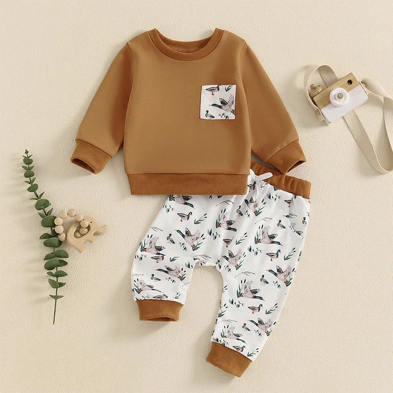 Infant Newborn Baby Boys Clothes Sets Autumn Toddler Long Sleeve Sweatshirt Elastic Waist Duck Print Pants Tracksuit Outfits