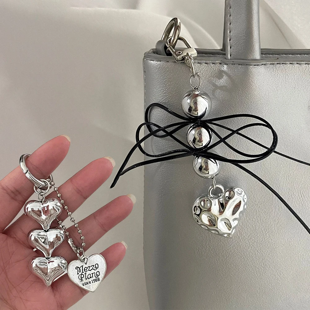 Y2k Sliver Heart Linked Chain Keychain Punk Metal Tassel Keyring for Women Car Key Handbag Moblie Phone Case Pendant Accessories