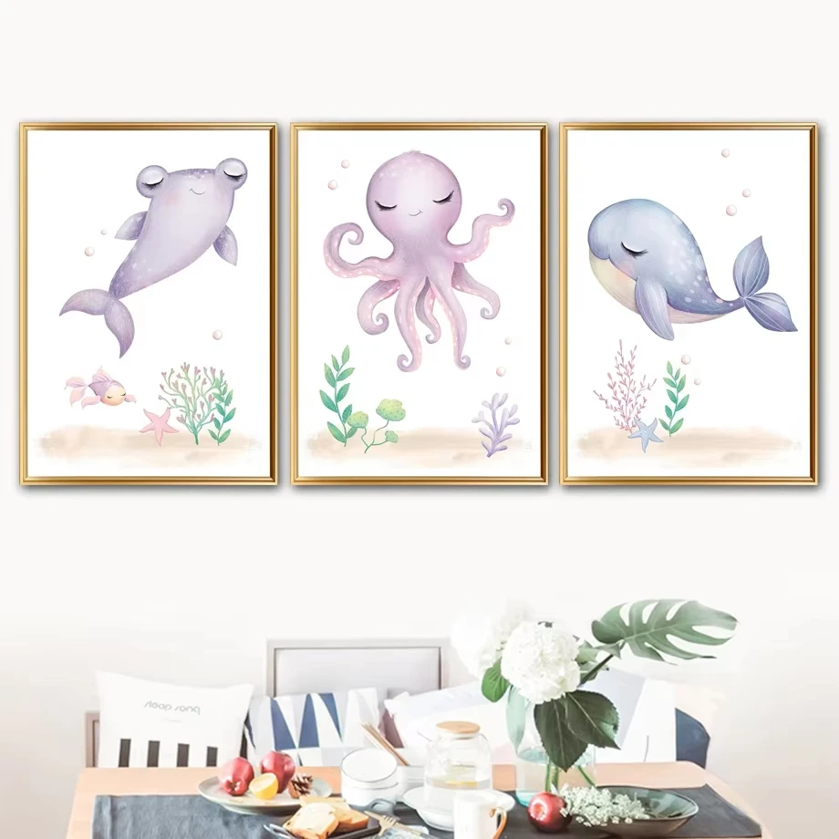 Whale Octopus Poster Jellyfish Seahorse Turtle Nursery Wall Art Canvas Painting Nordic Baby and Children's Room Decoration Mural