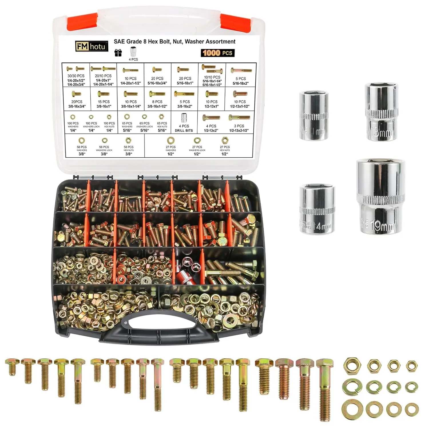 

1000PCS Grade 8 Bolt Assortment Kit, Heavy Duty Bolts and Nuts Kit, 1/4-20 5/16-18 3/8-16 1/2-13 SAE Grade 8 Alloy Steel Hex Cap