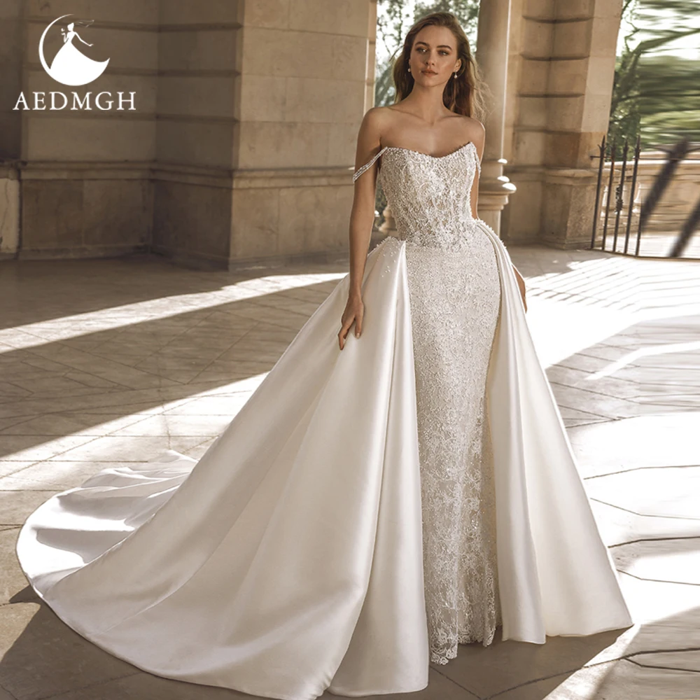 Aedmgh Meerjungfrau Sexy Brautkleider Schatz Weg Von Der Schulter Vestido De Novia Spitze Abnehmbare Zug Nach Maß Brautkleider