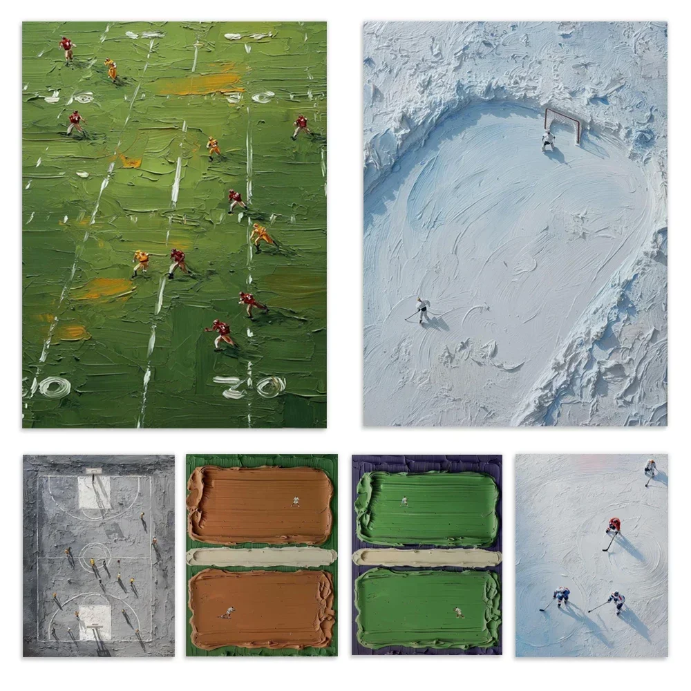 canvas paintings of English cricket, ice hockey, football, tennis, and tennis courts; sage green textured art sports canvas p