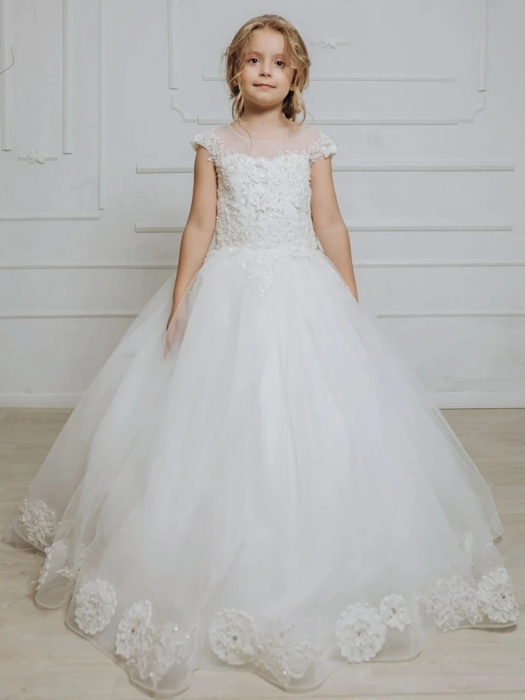 White Flower Girl Dress Tulle Puffy Sequin Flory Pattern Short Sleeve For Wedding Party Birthday Banquet Princess Gowns