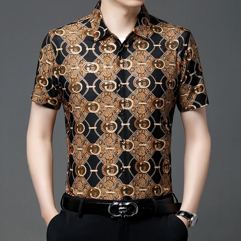 Men's High-Grade Gilded Shirt Trendy Korean-Style Short-Sleeved Classic Gilded Shirt Summer Gilded Shirt