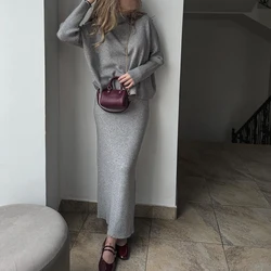 Casual O-neck Long Sleeved Sweater + Skirt Suits Vintage Commuting Slim Outfit 2024 Autumn Winter Knitted Women's Two Piece Sets