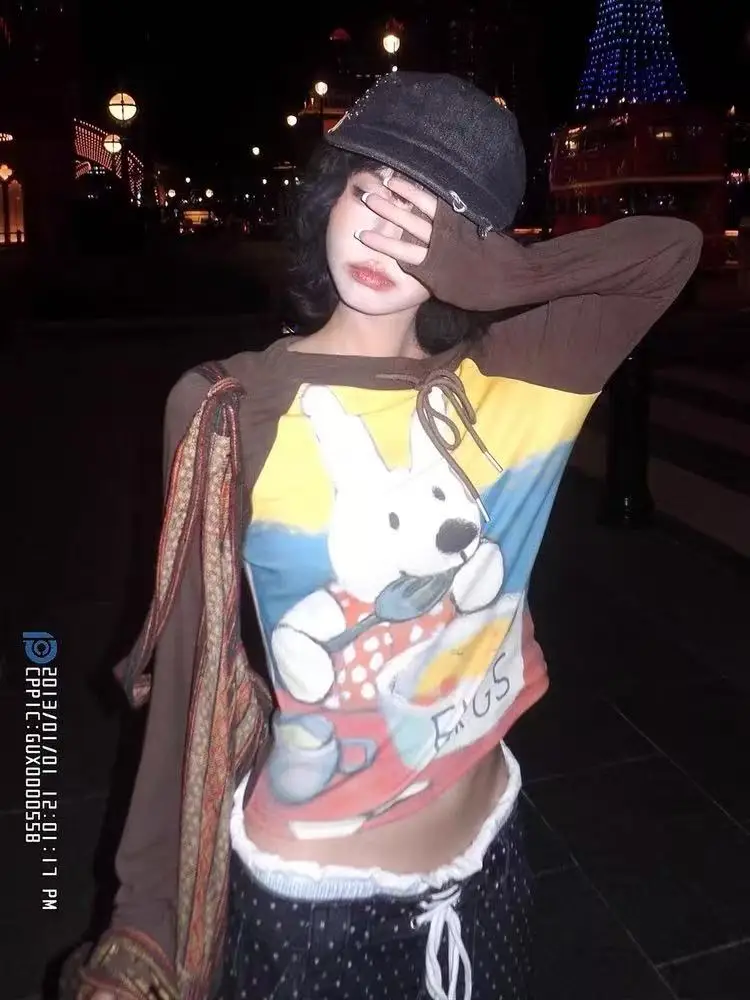 Retro American Oil Painting Rabbit Hot Girl T-Shirt Women Early Autumn New Style Oblique Shoulder Long Sleeve Slimming Short Top