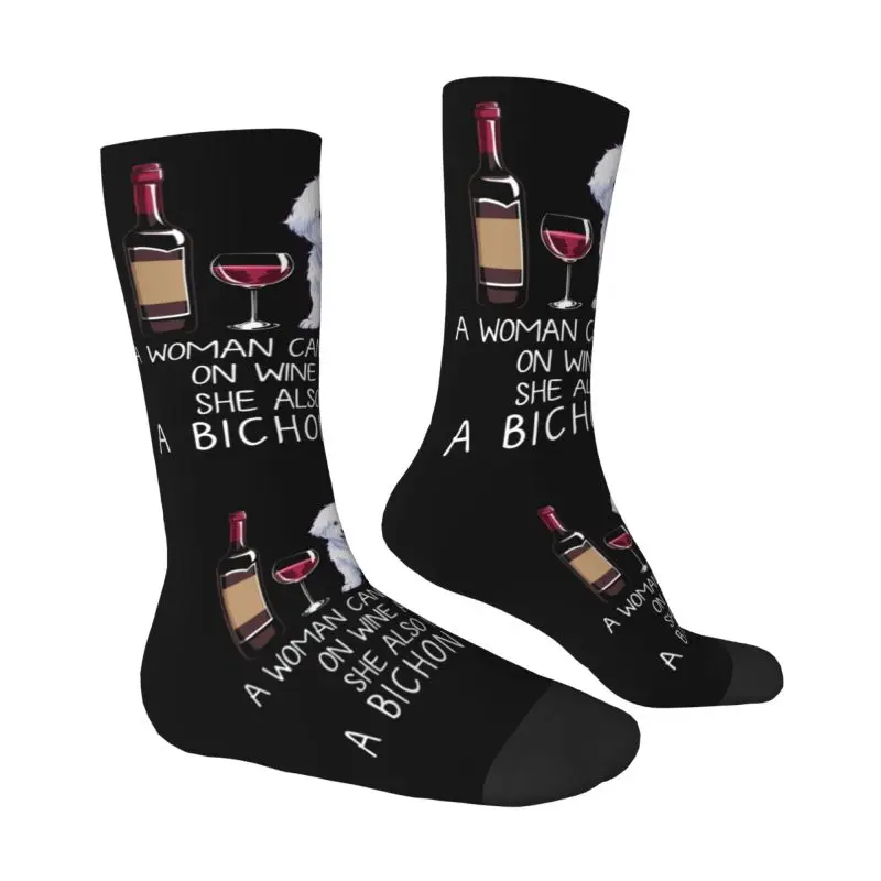 Lustige Wein und Bichon Frise Hund Kleid Socken für Männer Frauen warme Mode Crew Socken