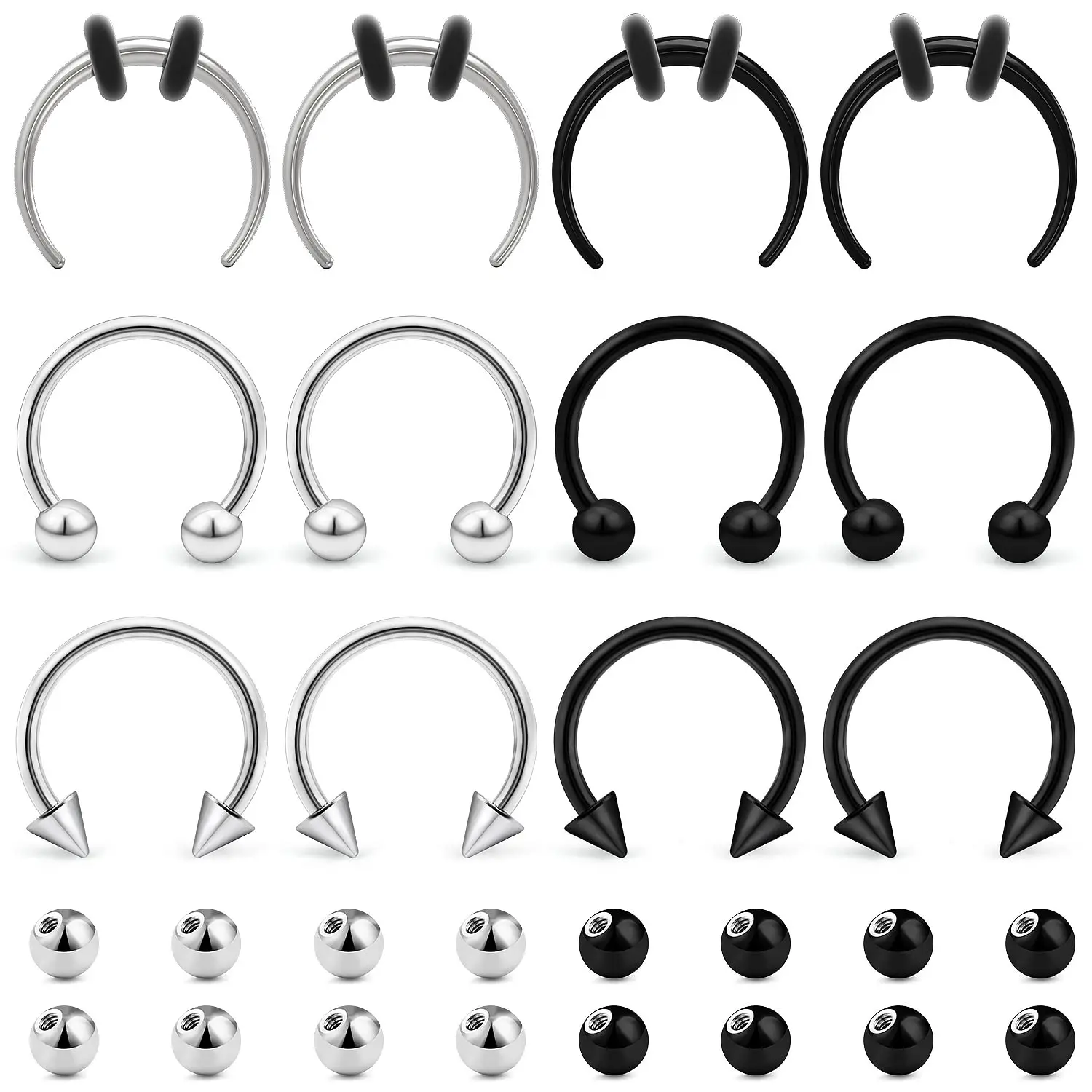 

12pcs Nose Rings 16pcs Replacement Balls Set 16G 14G Lip Jewelry Medical Steel Septum Perforated Horseshoe Barbell Women and Men