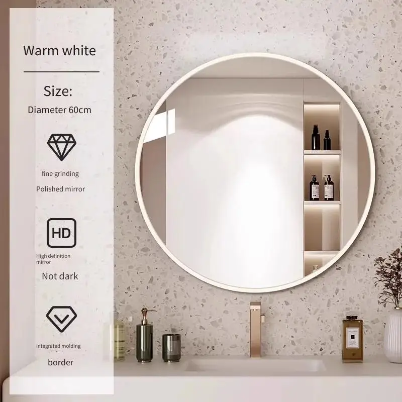 24inch Round Wall Mounted Mirror with Wooden Shelf Modern Minimalist Vanity Mirror for Home Apartment Hotel Bathroom