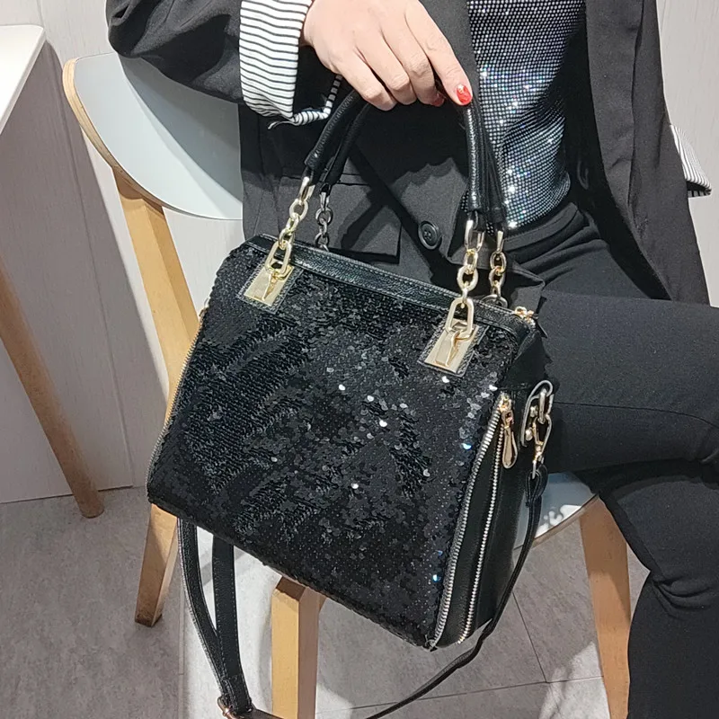 Fashion Genuine Leather Women Bag 2023 New Sequined Lady Handbag Women\'s Simple Shoulder Bag Large Capacity Soft Crossbody Bags