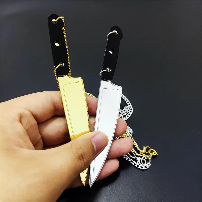 Fashion Halloween Jewelry Punk Knife Pendant Necklace for Women Men Mirror Gold Silver Color Acrylic Accessories