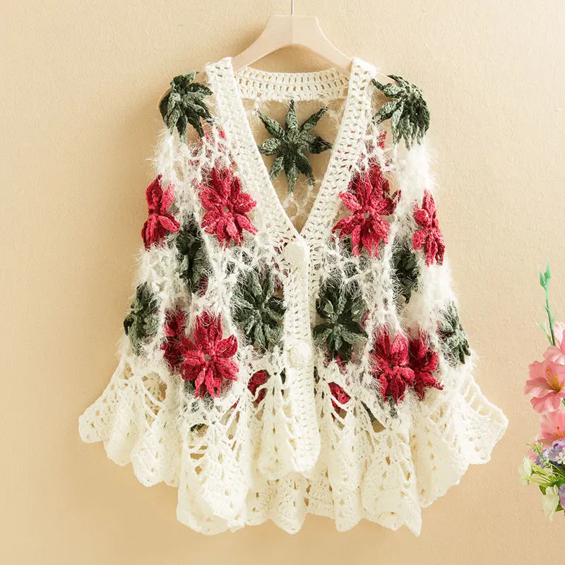 Autumn Cardigan Sweater Knitwear Jacket Hollow Embroidery Buttons Loose Atmosphere Retro New Fashion Brand Trends Women's Spring
