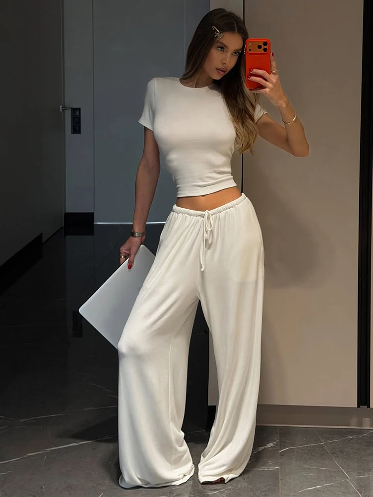 

Sisterlinnd Fashion 2 Piece Set Women Casuals Classic Simple O-Neck T-Shirt+Drawstring Wide-Leg Pant Trend Sporty Streetwear