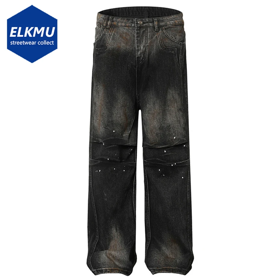 

Men's Hi Street Vintage Jeans Pleated Designer Black Loose Straight Denim Pants Streetwear Harajuku Jeans Trousers 4XL