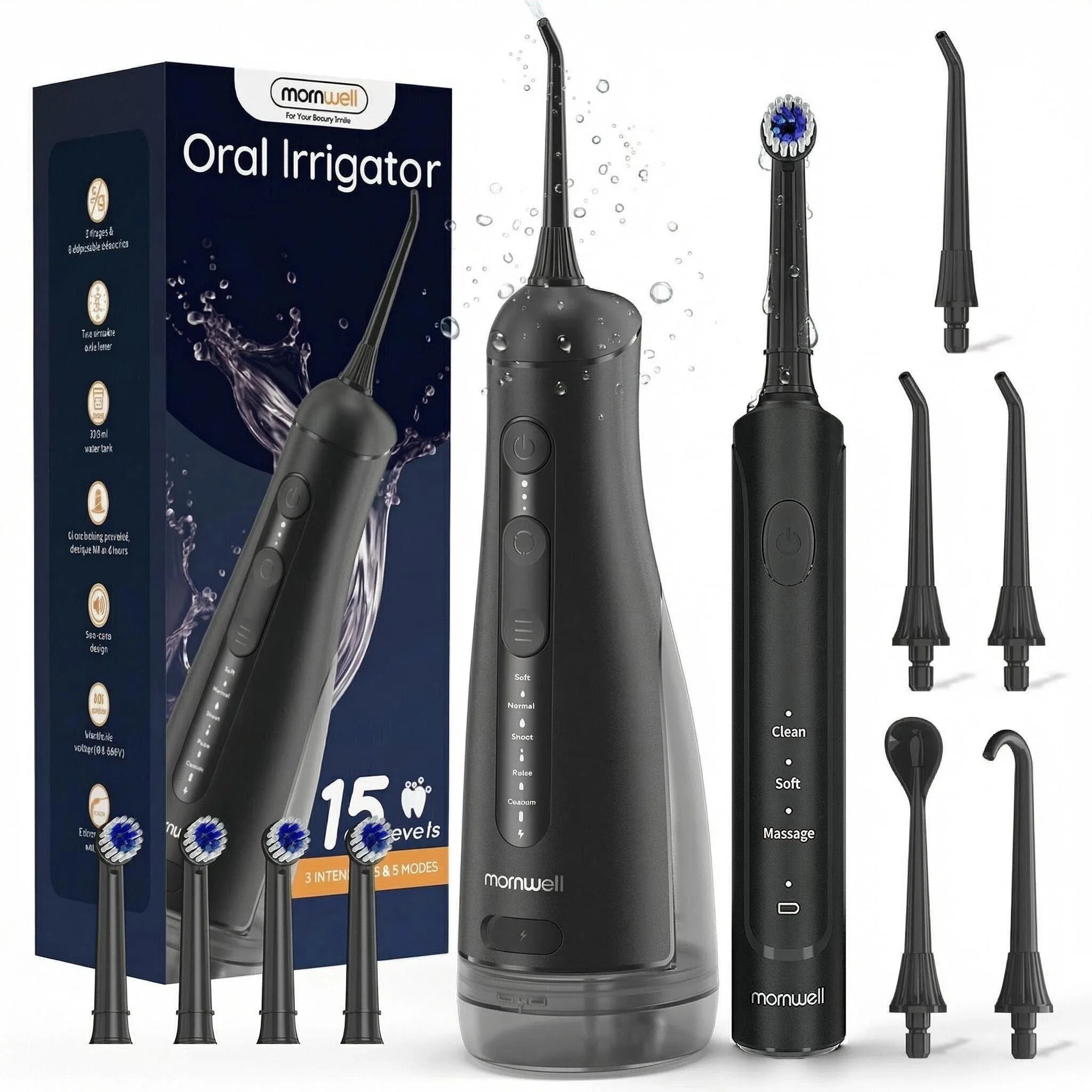 Mornwell 2.0 Electric Toothbrush & Water Flosser Combo, 6 Jet Tips, 4 Brush Heads, IPX7 Waterproof Design for Complete Oral Care