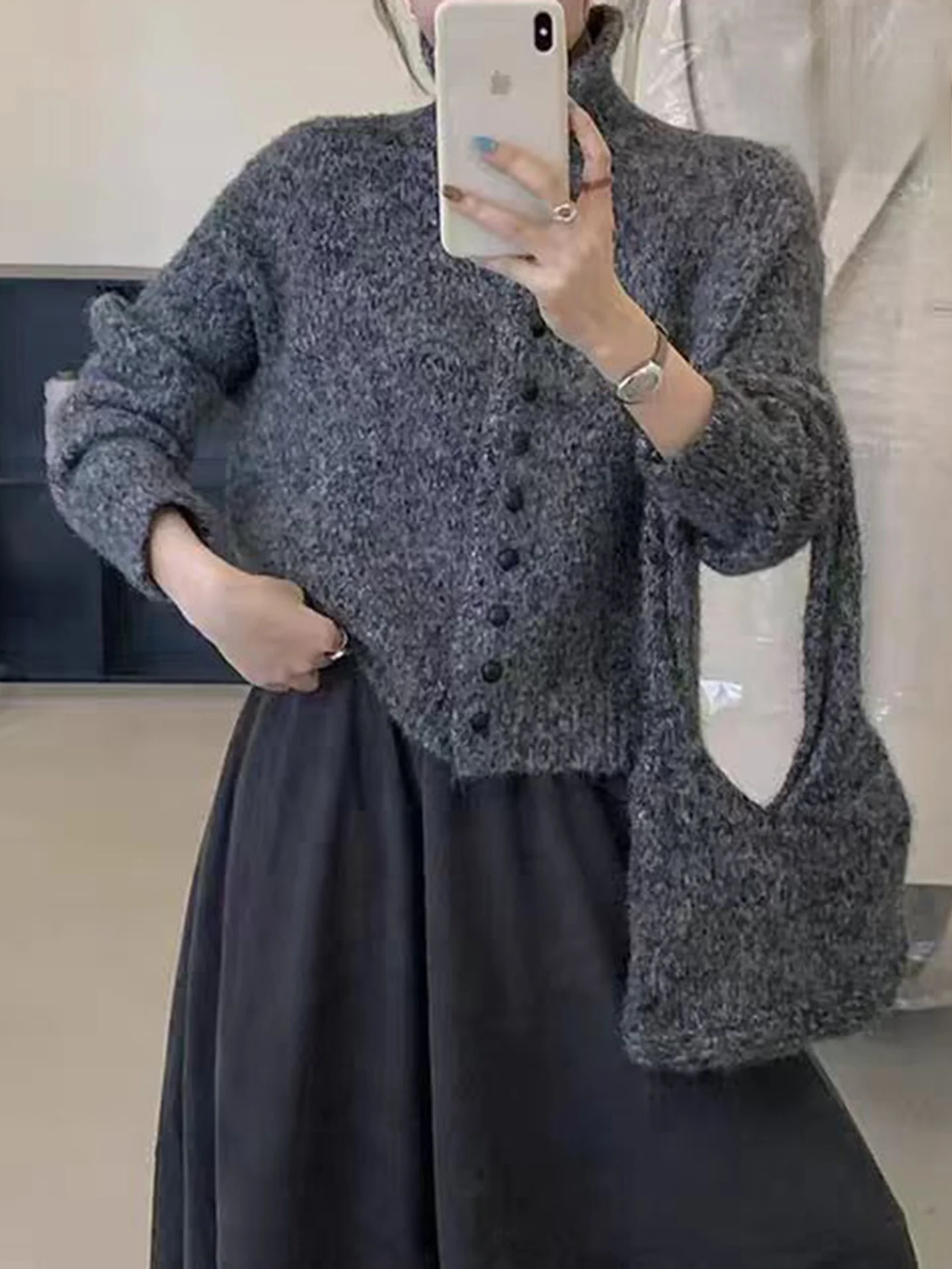 Lose Hohe Kragen Einzigen Taste Gestrickte Pullover frauen Koreanische Sle Weiche Lange Sve Mantel Sle Vielseitig Herbst Winter Neue...