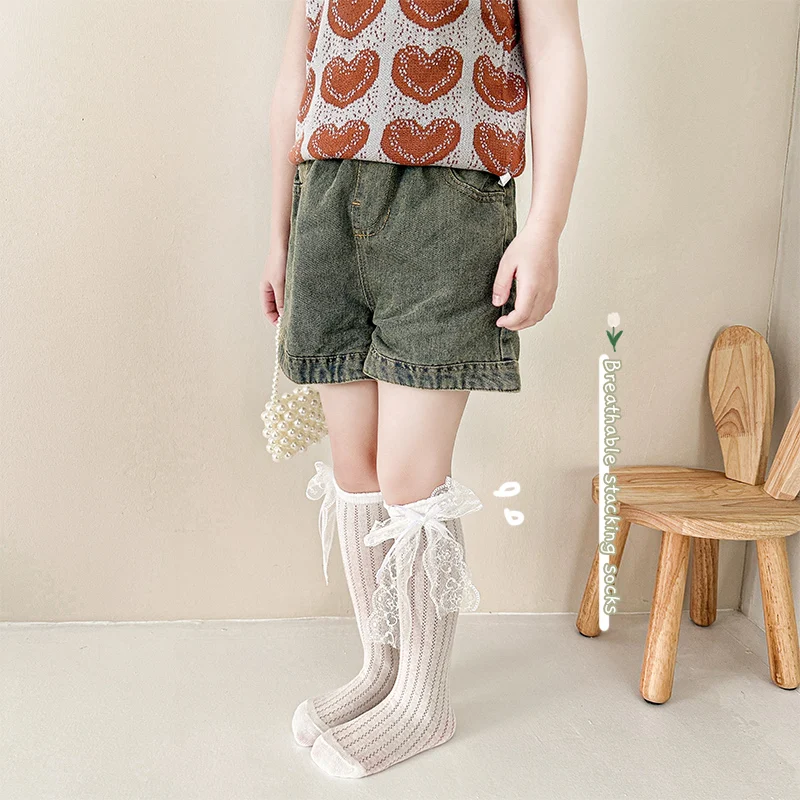 Arrival Children Lovely Lace Bow Mesh Crew Socks Breathable Lightweight Soft Stretchy Ideal for Daily Outfit All Match Cute Kids