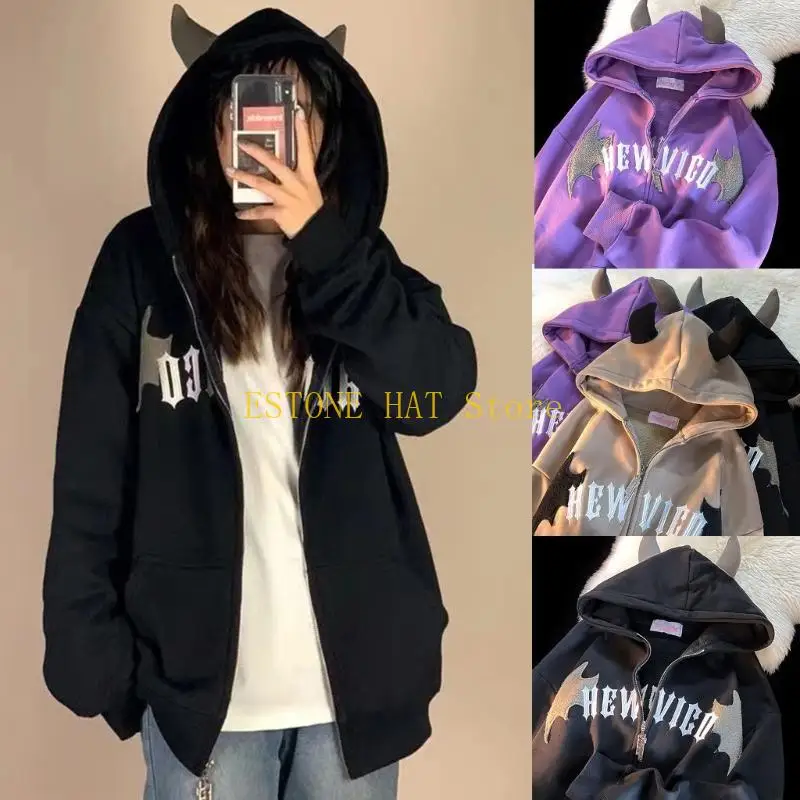 49MF Comfortable Devil Hooded Sweatshirt Long Sleeve Zipper Loose Fall Tops for Women