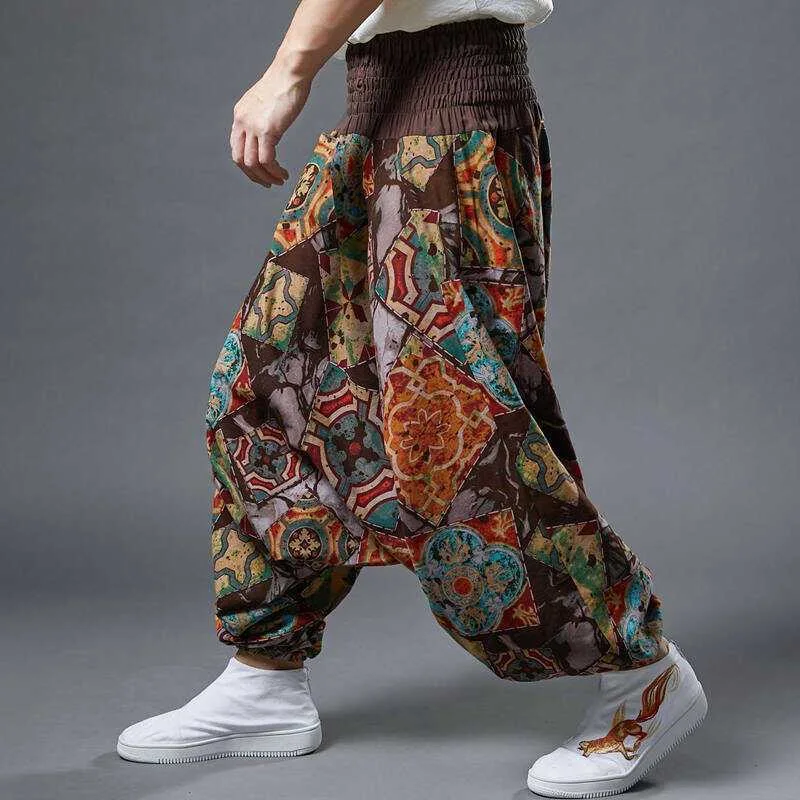 Male Cotton Linen Vintage Ethnic Print Cross Pants Men Drop Crotch Handsome Trousers Bloomers Patchwork Vibe Plog Vlog Pantalons