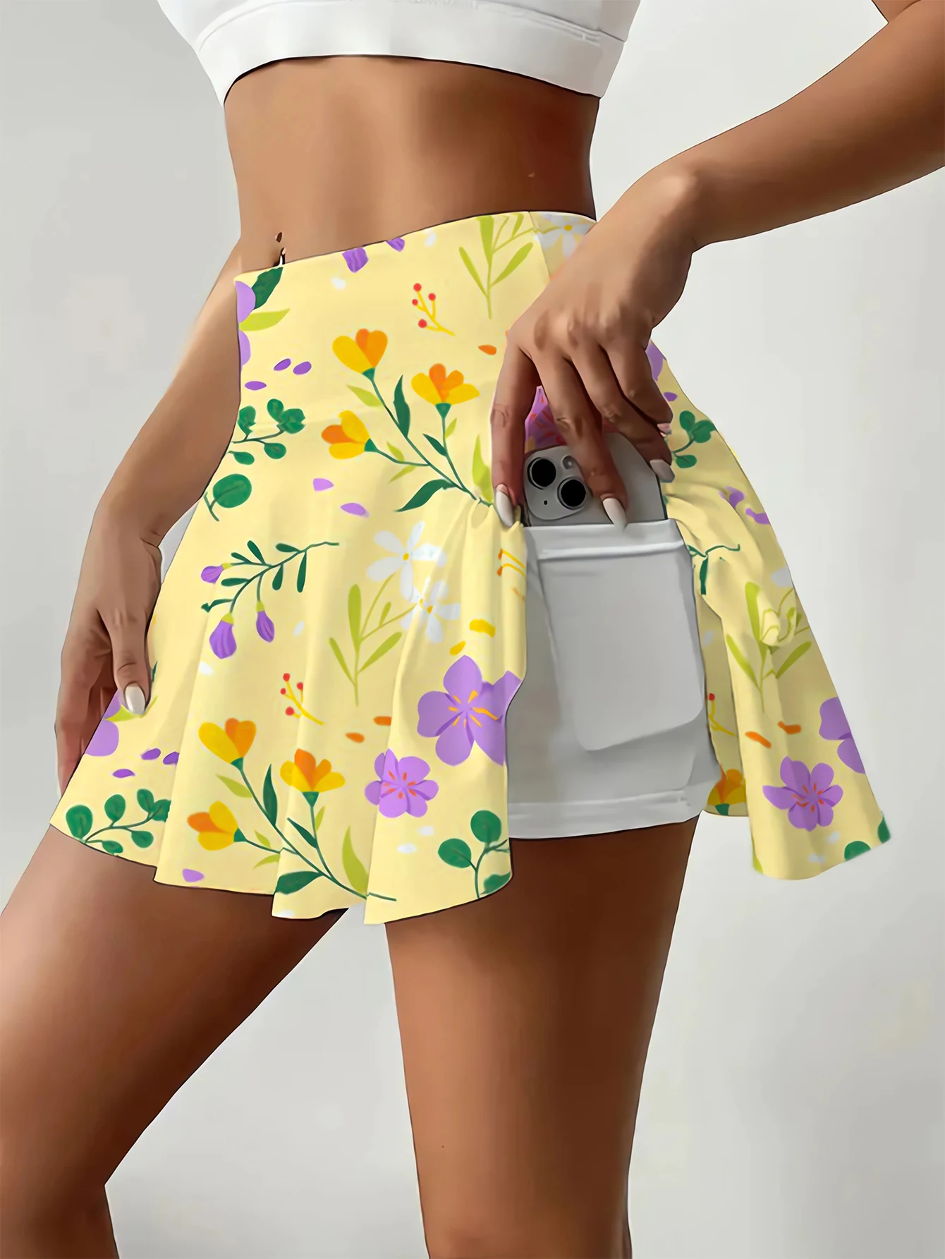 Girls Yellow High Waist Printed Mini Skirt with Built-in Shorts Casual Elastic Pocket Skirt Bohemian Style