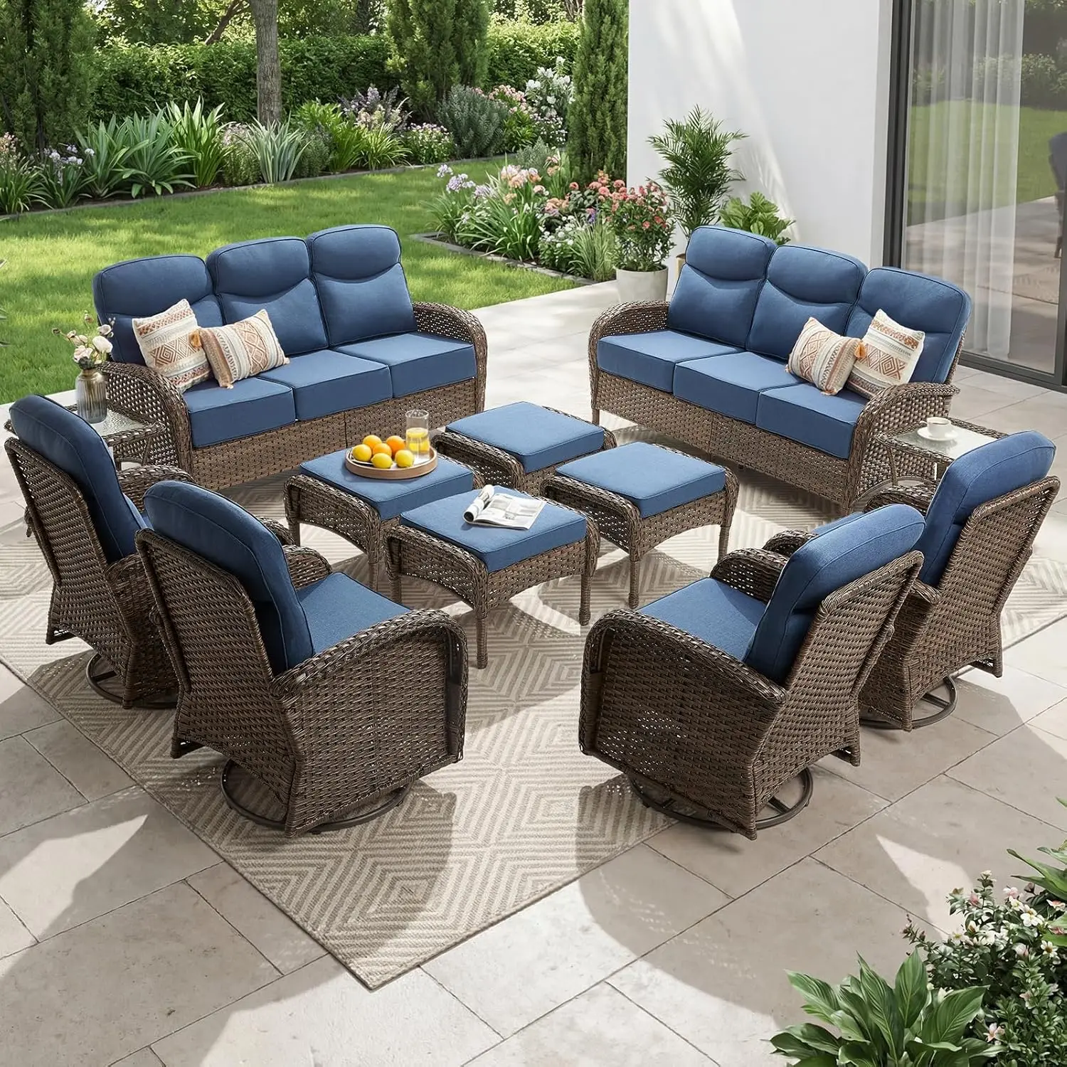 

5 Pieces Wicker Patio Furniture Set - Hollow Widen Armrests Outdoor Rattan Chairs With Ottomans And Side Table,, Customized