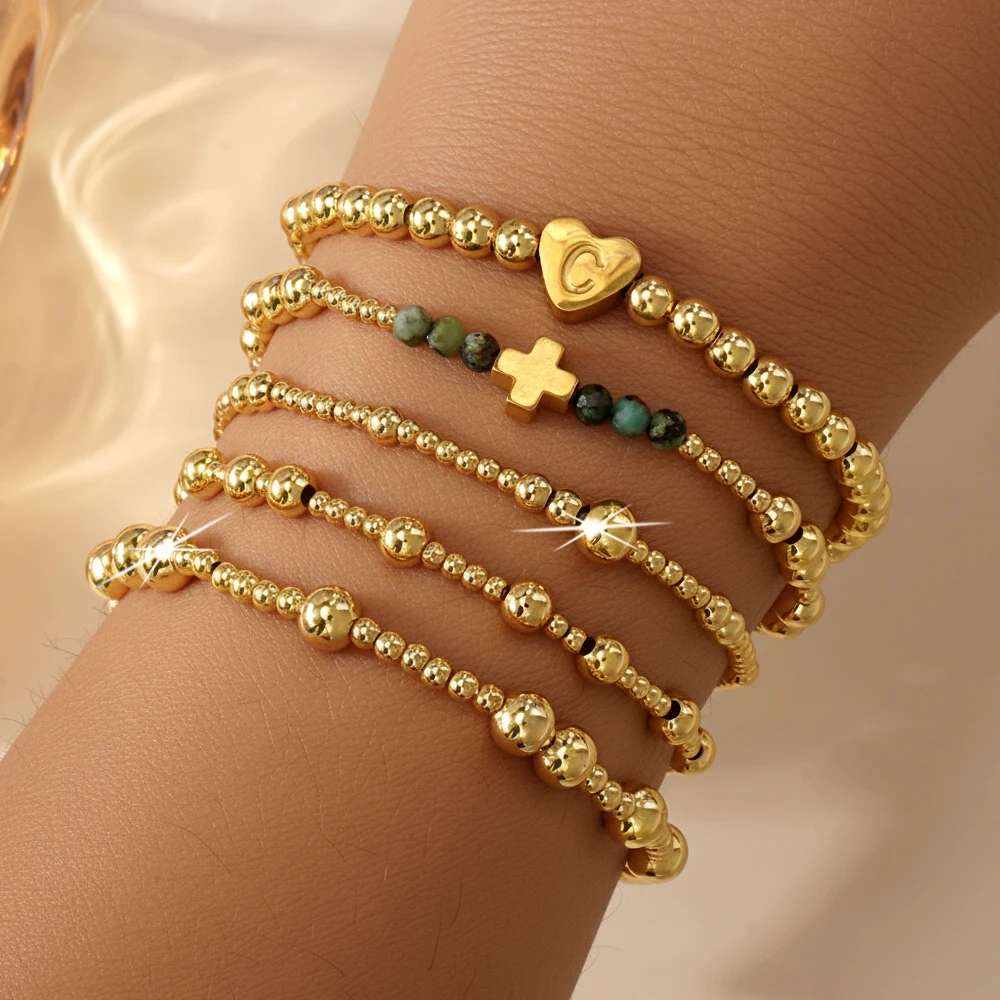 

5pcs Copper Bohemian Cross Beaded Bracelet Set Gold Tone Layered Stretch Bracelets For Women