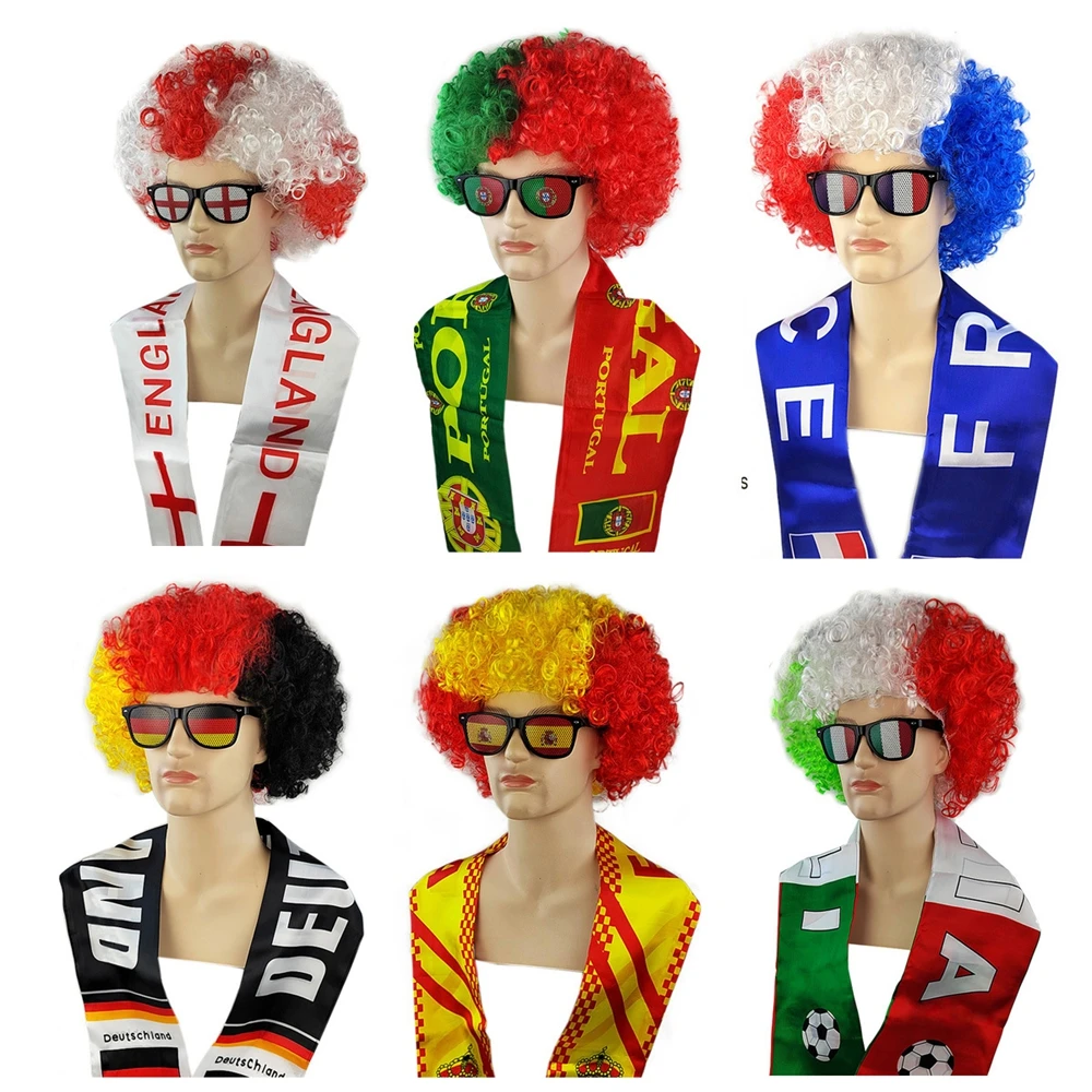 Peluca de pelo de explosión de Color de bandera nacional de partido de fútbol, peluca de abanico con bufanda y gafas, conjunto de disfraz de equipo nacional europeo