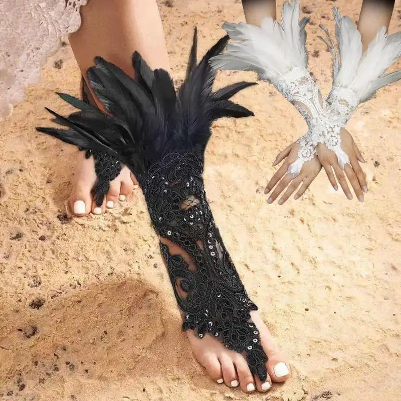 

Lace Feather Gothic Mesh Sleeve Halloween Sexy Long Gloves Women Ribbon Tie Gloves Party Supplies Stage Dance Performance Gloves