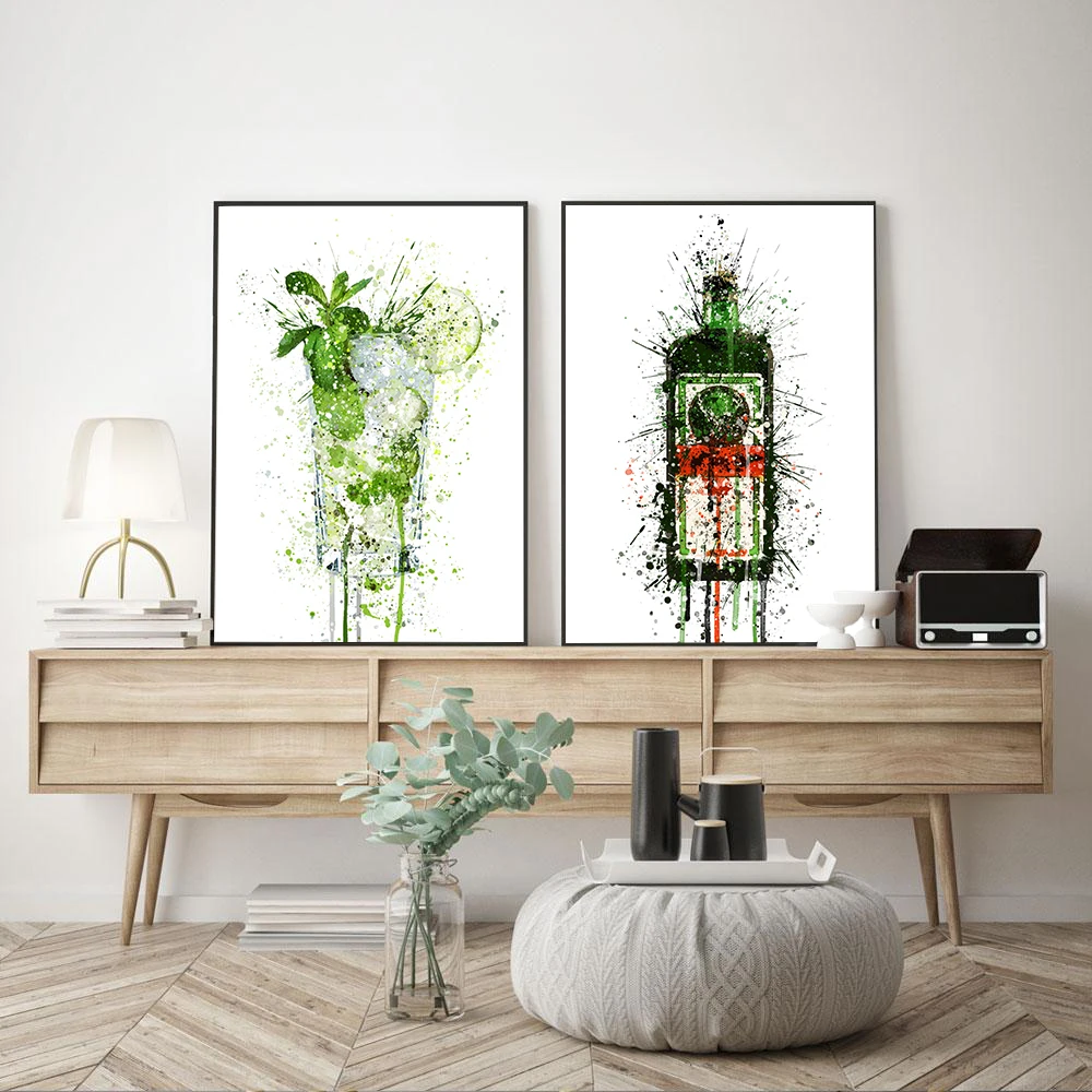 Watercolor Wine Bottle Poster Gin Exhibition Art Print Mojito Cocktail Canvas Painting Goblet Wall Picture Living Bedroom Decor