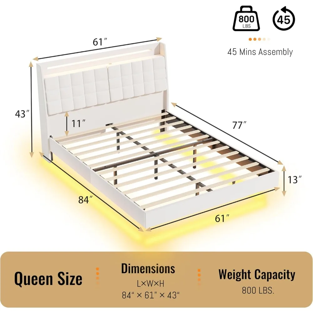 Struttura letto galleggiante Queen Size con testiera portaoggetti, struttura letto imbottita con luci a LED e stazione di ricarica, beige