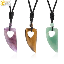 CSJA Wolf Tooth Crytal Necklace for Man Natural Stone Tiger Eye Amethysts Quartz Pendant Necklaces Amulte Jewelry Gift H222