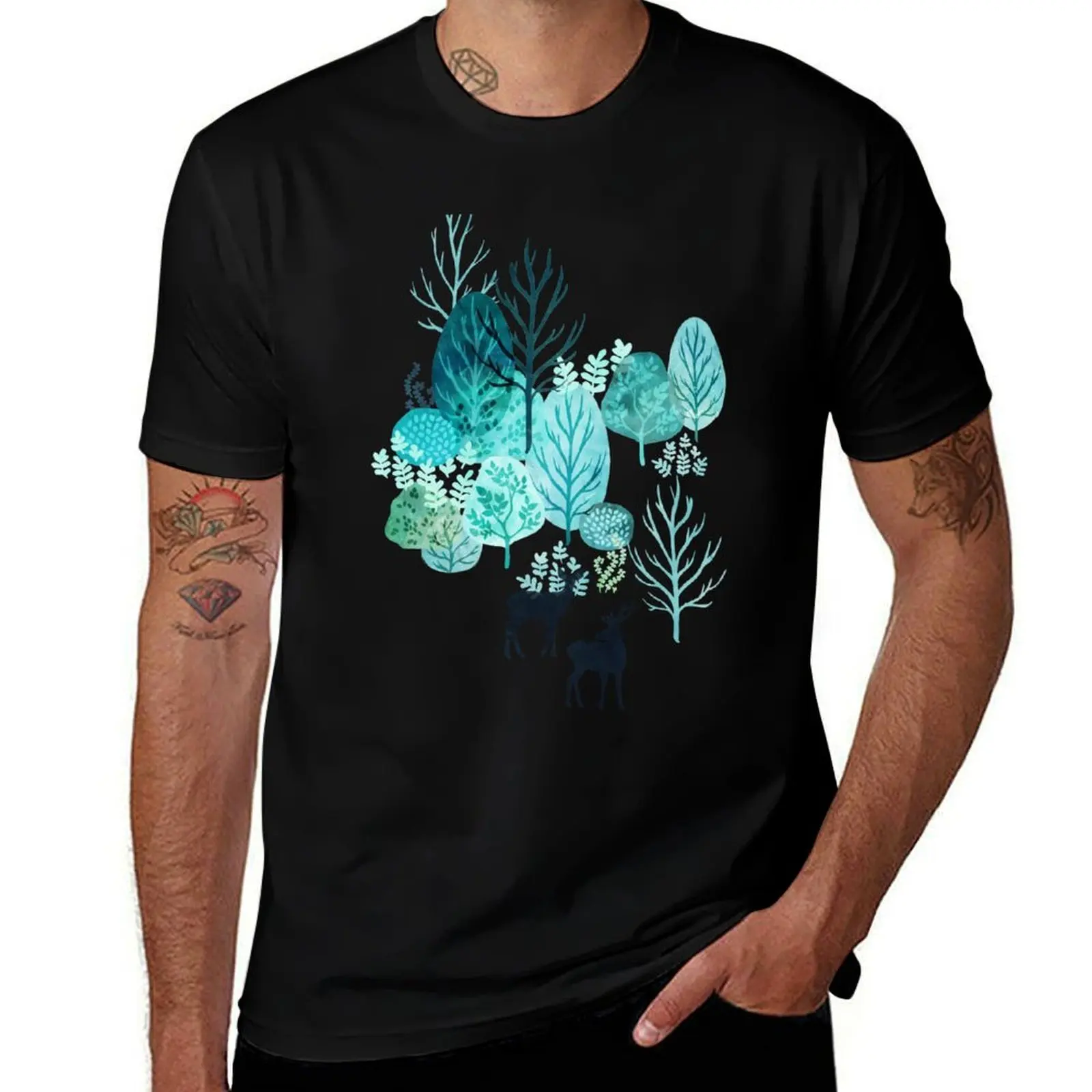 Emerald forest deer on white T-Shirt Basic Short Sleeve Cotton Blend T-Shirt
